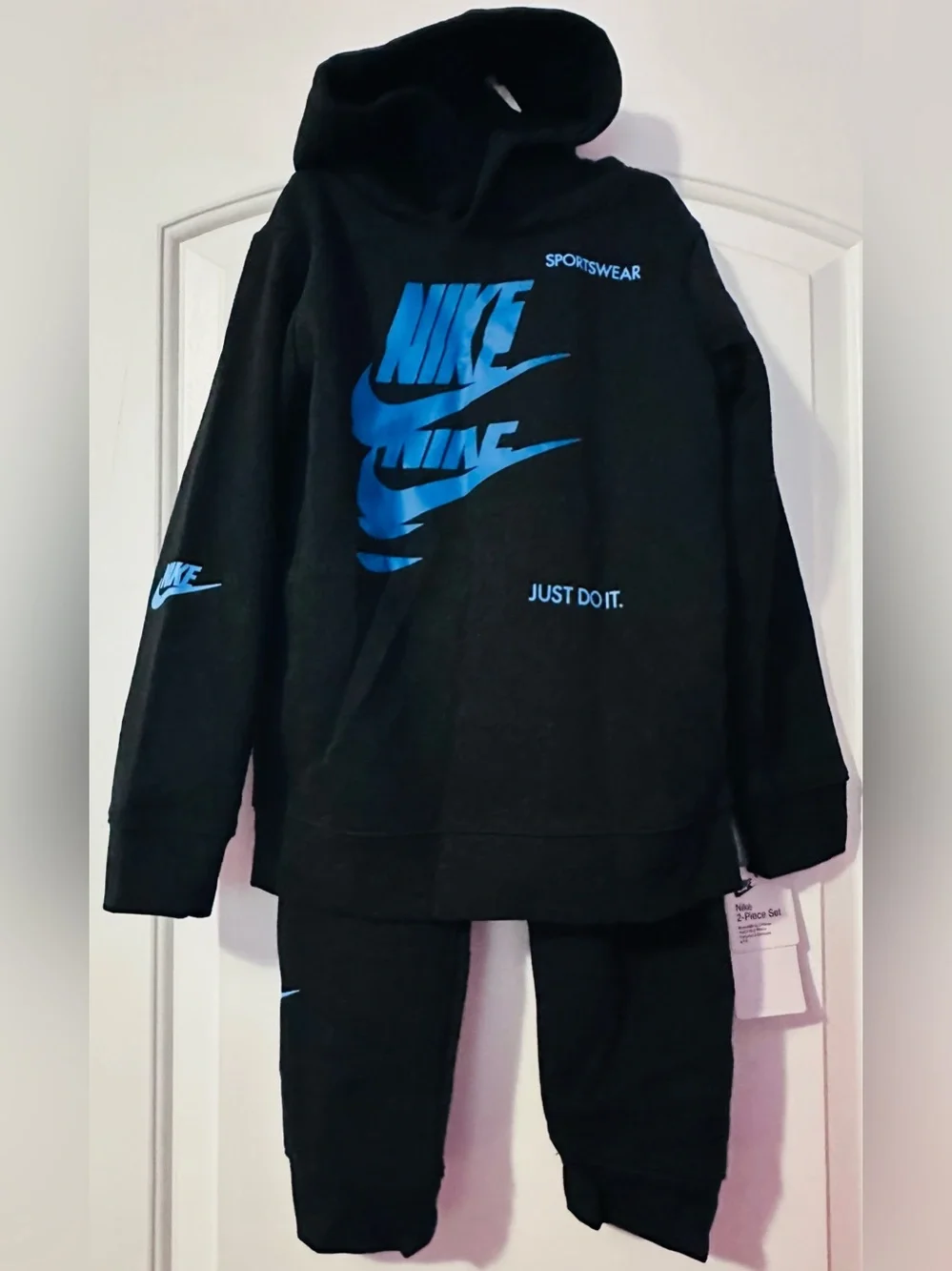 BNWT Nike Kids' Black Hoodie & Joggers Set with Blue Logo
